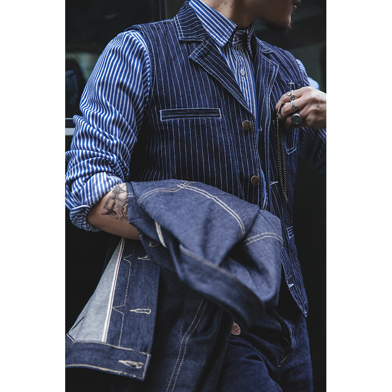 Tuxedo Vests Fall Winter Men's Denim Vest Multi-Pocket Vest