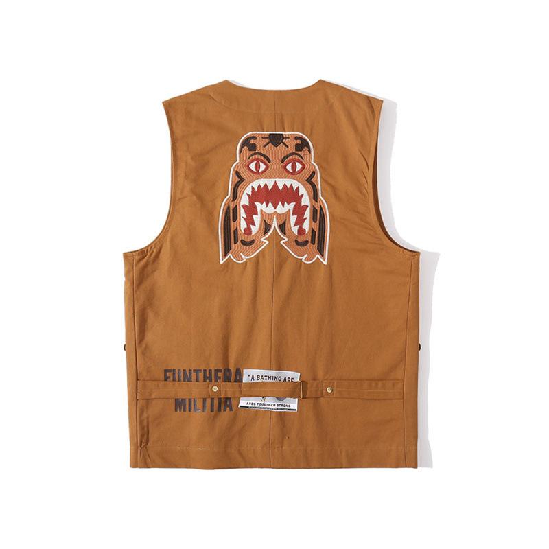 A Ape Print T Shirt Embroidered Tiger Head Golden Vest
