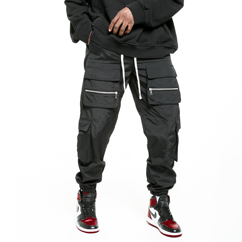 Multi-Pocket Cargo Pants Men's Large Straight-Leg Pants Trendy High Street Ankle-Tied Trousers Men Pants