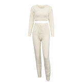 Casual Fashion Plush Sweater Solid Color Midriff-Baring Top Trousers Two-Piece Suit