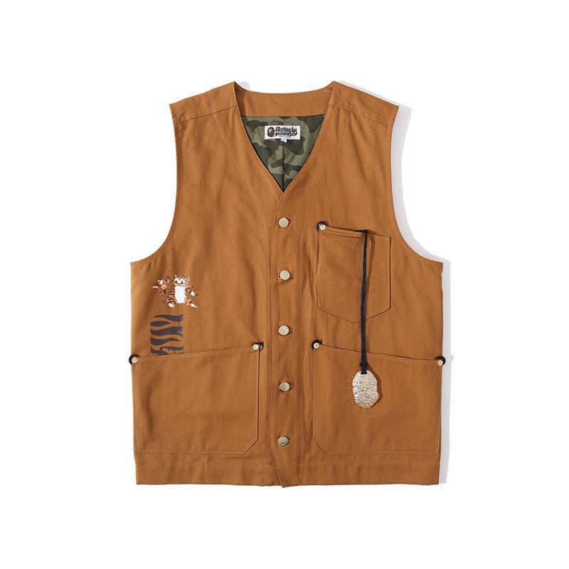 A Ape Print T Shirt Embroidered Tiger Head Golden Vest