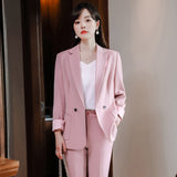 Women Pants Suit Uniform Designs Formal Style Office Lady Bussiness Attire Pink Long Sleeve Fashion Double Breasted Coat