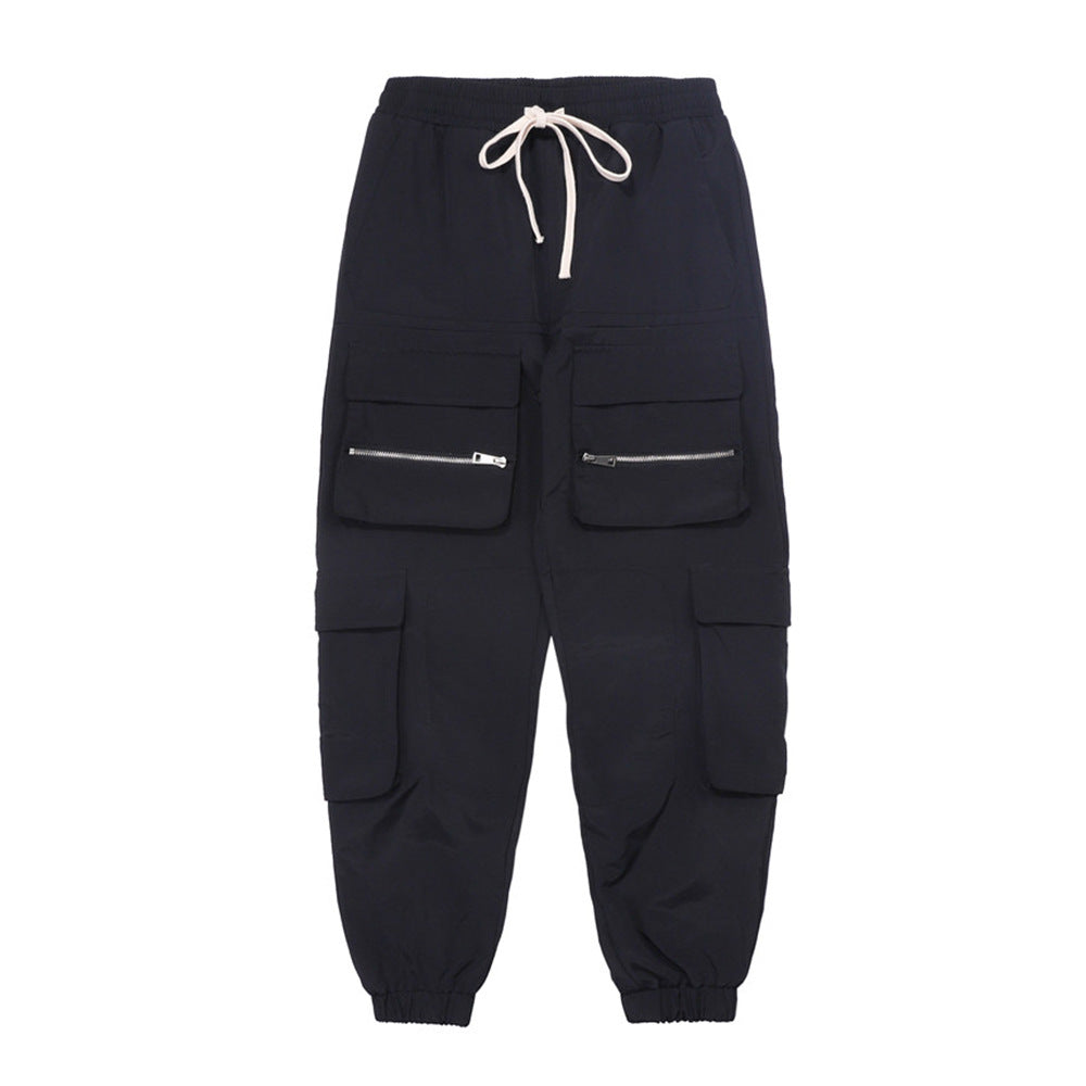 Multi-Pocket Cargo Pants Men's Large Straight-Leg Pants Trendy High Street Ankle-Tied Trousers Men Pants