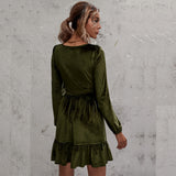 Green Fairycore Dress Dark Green Deep V-neck Puff Sleeve Velvet Ruffled Dress