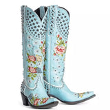 Coachella Cowboy Boots Blue Chunky Heel Winter Pointed-Toe Side Zip Round Toe High Leg Boot