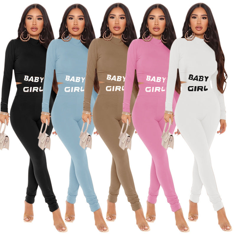 Sports Tight Casual Two-Piece Suit Street Letters Printed Slim Fit Long Sleeve Trousers Suit