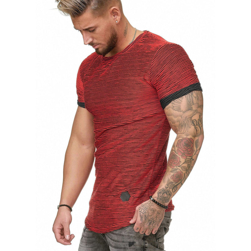 Slim Fit Muscle Gym Men T Shirt Men Rugged Style Workout Tee Tops Men's Short-Sleeved T-shirt Summer Slim-Fit Striped Bottoming Shirt Trendy round Neck Large Size Loose Casual