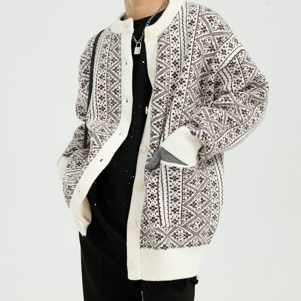 Men's Autumn Winter Retro Jacquard Loose Cardigan Coat Men's plus Size Men Sweaters
