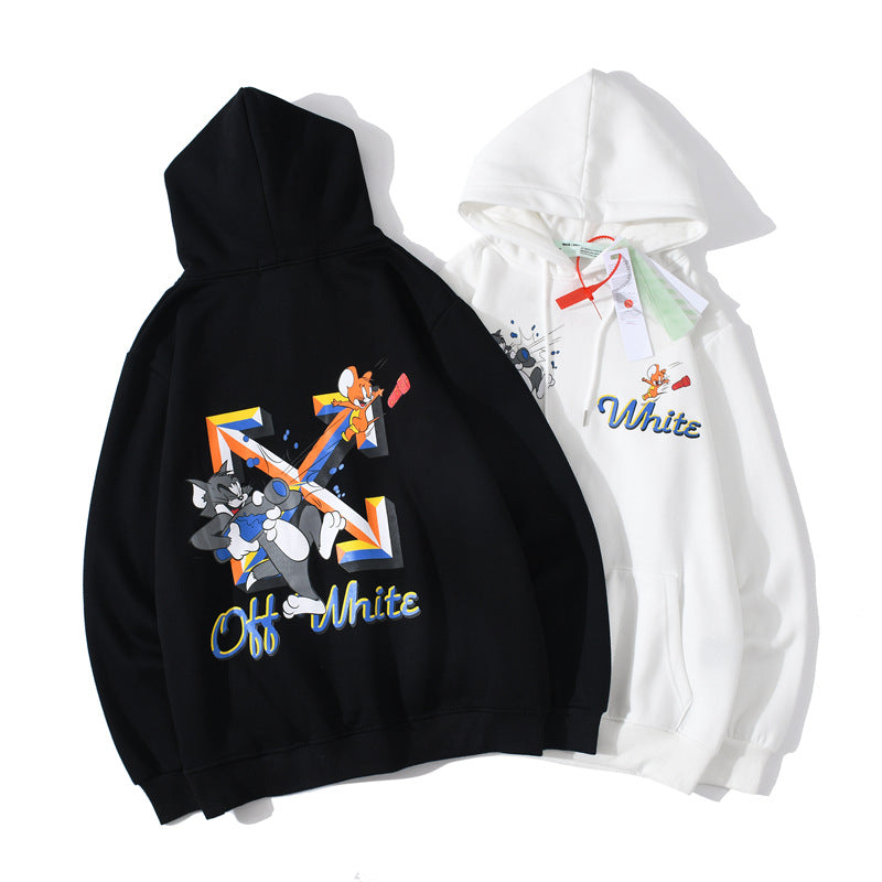 Autumn And Winter Off Cat And Mouse Printed Long Sleeve Hooded Fleece Lined Sweater