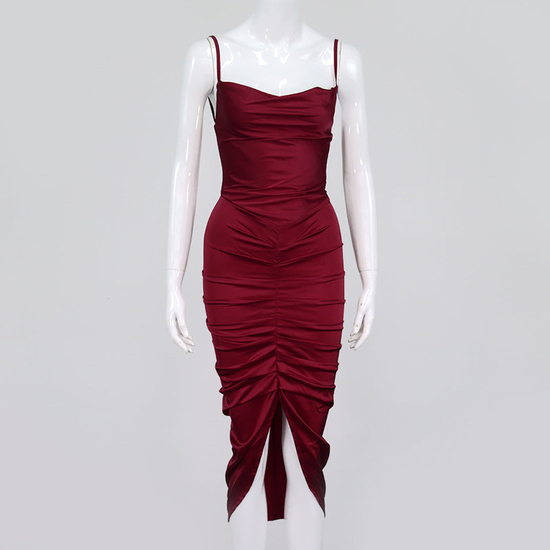Sexy Satin Solid Color Backless Pleated Stack Collar Sling Midi Dress for Women