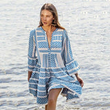 Red Peasant Dress Manga Loose V-neck Printed Dress Travel Vacation Geometric Striped Casual Beach Dress for Women