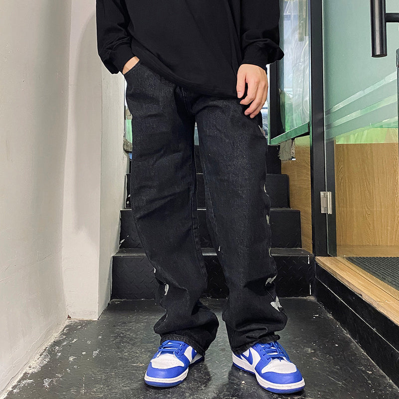 Butterfly String Label Jeans Men's plus Size Retro Sports Trousers Baggy Straight Trousers Men's Clothing Men Denim Pants