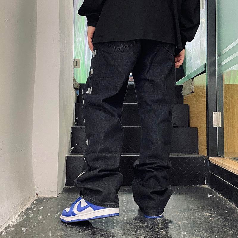 Butterfly String Label Jeans Men's plus Size Retro Sports Trousers Baggy Straight Trousers Men's Clothing Men Denim Pants
