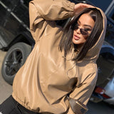 Windproof Solid Color Simple Leather round Neck Hoodie