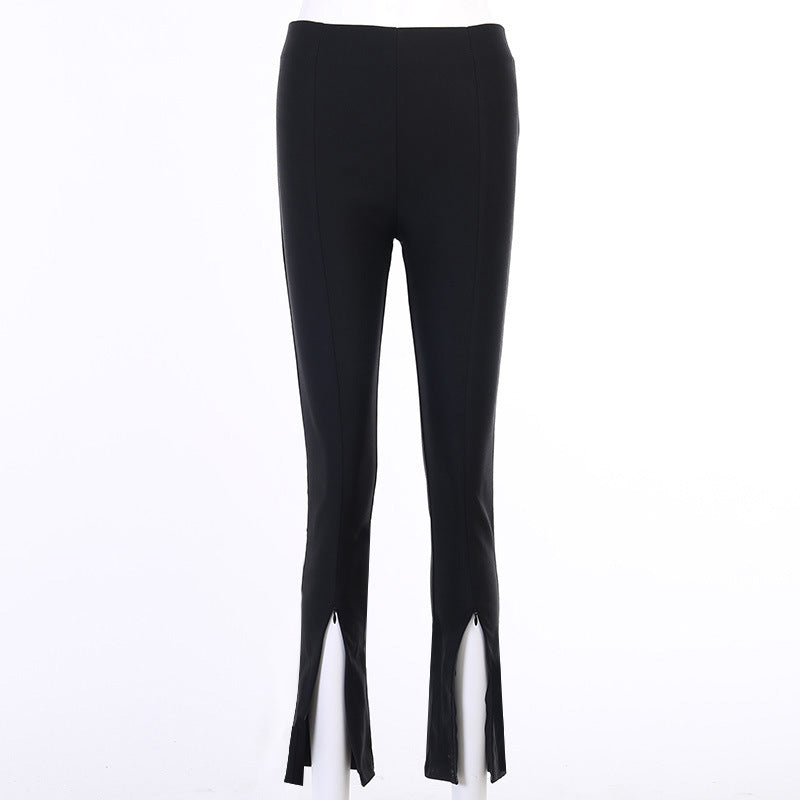 Solid Color Trousers Leg Opening Zipper Slit Slim-Fitting Trousers