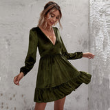 Green Fairycore Dress Dark Green Deep V-neck Puff Sleeve Velvet Ruffled Dress