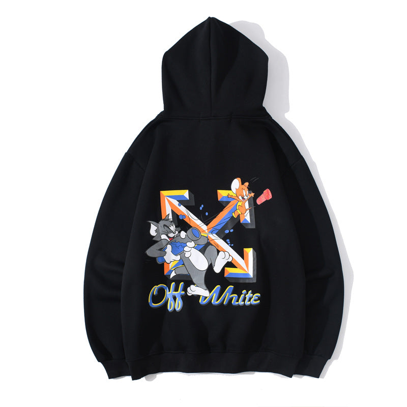 Autumn And Winter Off Cat And Mouse Printed Long Sleeve Hooded Fleece Lined Sweater