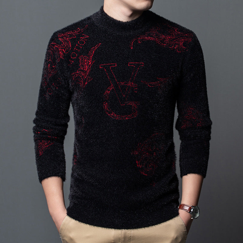 Men's Half-High Collar Sweater Mink Fur Thermal Knitting Wool Bottoming Shirt plus Size Loose Solid Color Sweater Men Sweaters