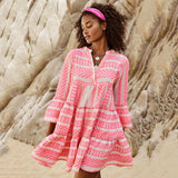 Red Peasant Dress Manga Loose V-neck Printed Dress Travel Vacation Geometric Striped Casual Beach Dress for Women
