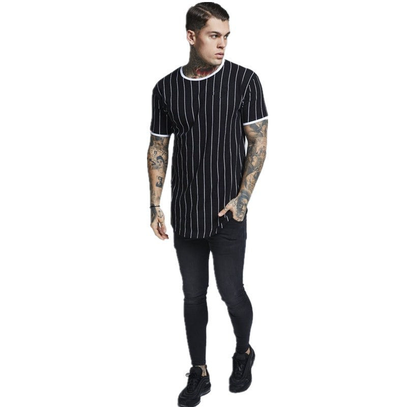 Slim Fit Muscle Gym Men T Shirt Men Rugged Style Workout Tee Tops Fashion Men's Short Sleeve T-shirt Summer Slim Fit Striped Bottoming Shirt Trend Crew Neck Top
