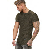 Slim Fit Muscle Gym Men T Shirt Men Rugged Style Workout Tee Tops Men's Short-Sleeved T-shirt Summer Slim-Fit Striped Bottoming Shirt Trendy round Neck Large Size Loose Casual
