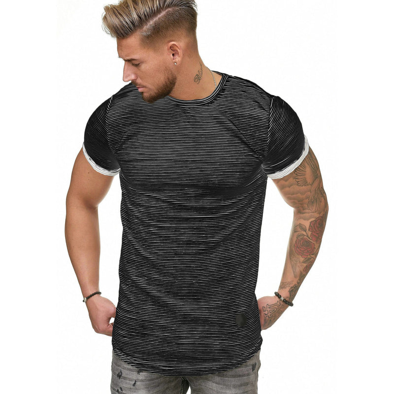 Slim Fit Muscle Gym Men T Shirt Men Rugged Style Workout Tee Tops Men's Short-Sleeved T-shirt Summer Slim-Fit Striped Bottoming Shirt Trendy round Neck Large Size Loose Casual