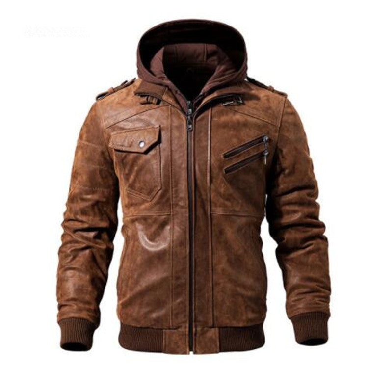 1970 East West Leather Jacket Motorcycle Detachable Hood Winter Coat Men's Warm Leather Jacket