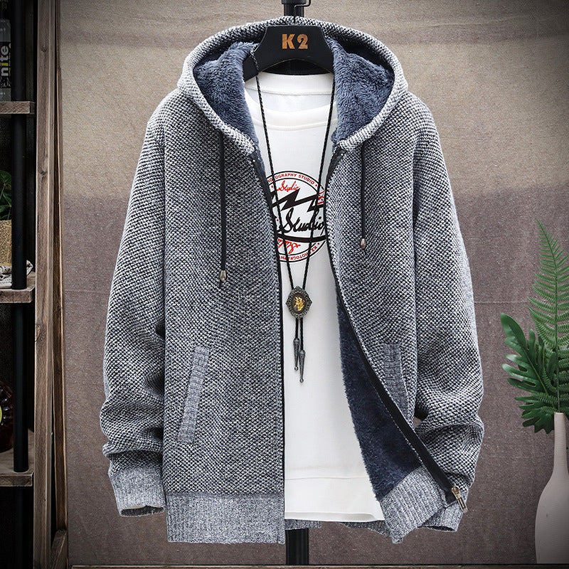 Men's Sweater Autumn and Winter Fleece-Lined Thickened Oversized Sweater Coat Hooded Zipper Coat Men Coat Men Winter Outfit