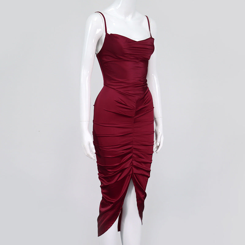 Sexy Satin Solid Color Backless Pleated Stack Collar Sling Midi Dress for Women