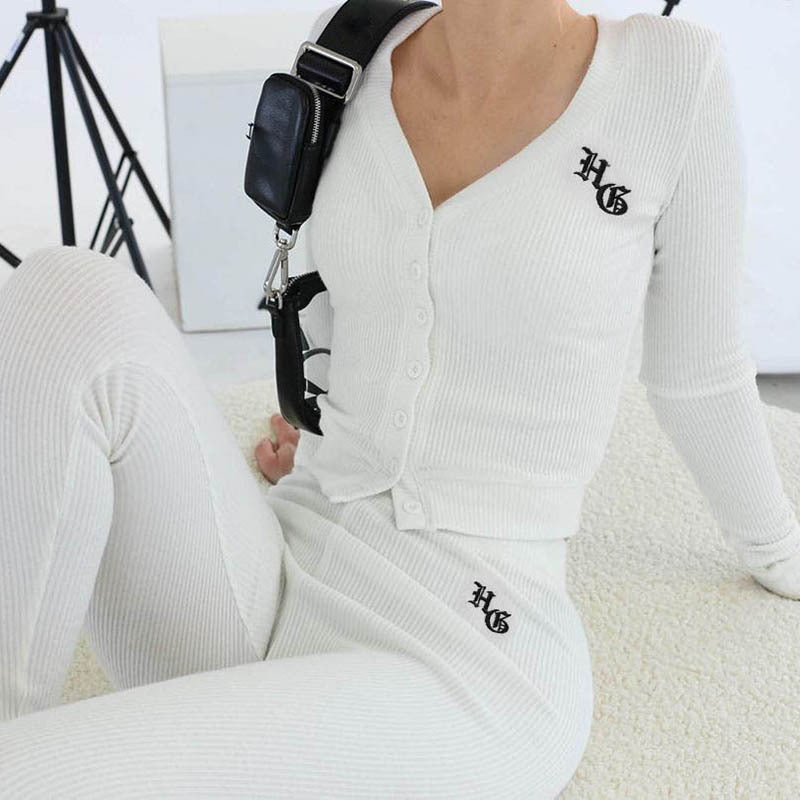 Long Sleeve Trousers Suit Simple Sexy Embroidered Knitted Cardigan Two-Piece Set