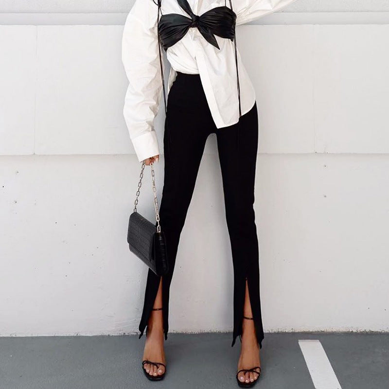 Solid Color Trousers Leg Opening Zipper Slit Slim-Fitting Trousers