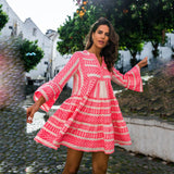 Red Peasant Dress Manga Loose V-neck Printed Dress Travel Vacation Geometric Striped Casual Beach Dress for Women