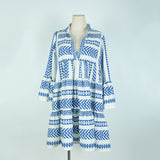 Red Peasant Dress Manga Loose V-neck Printed Dress Travel Vacation Geometric Striped Casual Beach Dress for Women