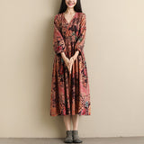 Russian Style Dress Autumn Printed Elastic Waist Slim Fit plus Size Dress