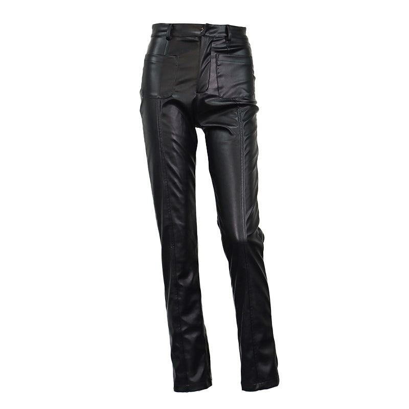 Fashion Solid Color Pu Sheath Trousers with Pockets Leather Pants Wide-Legged Pants Women