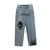 Skull Printed Jeans Men's Large Size Retro Sports Trousers Baggy Straight Trousers Casual Trousers Men Denim Pants