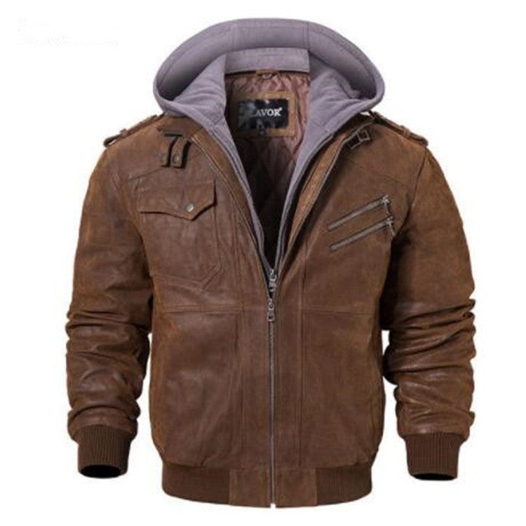 1970 East West Leather Jacket Motorcycle Detachable Hood Winter Coat Men's Warm Leather Jacket
