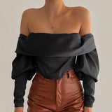 Sexy Fashion off-Shoulder V-neck Pleated Pile Style Sleeve Long Sleeve Crop Top