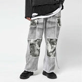 Stitching Multi-Pocket Cargo Pants Men's Large Size Retro Sports Ribbon Wide-Leg Pants Trendy Elastic Waist Pants Men Pants