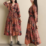 Russian Style Dress Autumn Printed Elastic Waist Slim Fit plus Size Dress