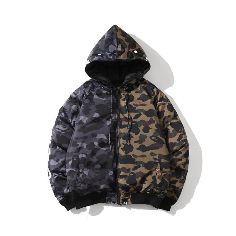 A Ape Print Hoodie Shark Head Skull Camouflage Zipper Hooded Men and Women Couple Cotton-Padded Clothes