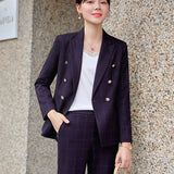 Women Pants Suit Uniform Designs Formal Style Office Lady Bussiness Attire Autumn Plaid Casual Suit Jacket Two-Piece Set