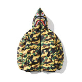 A Ape Print Coat Shark Head Fashion Camouflage Hooded Zipper Cotton-Padded Coat for Men and Women