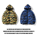 A Ape Print Coat Shark Head Fashion Camouflage Hooded Zipper Cotton-Padded Coat for Men and Women