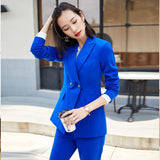 Women Pants Suit Uniform Designs Formal Style Office Lady Bussiness Attire Blue Long Sleeved Fall Fashion Tailored Suit Two-Piece Set