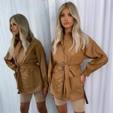Fall/Winter 2020 Women's Fashionable Solid Color Motorcycle Jacket Belted Mid-Length Leather Coat Women's