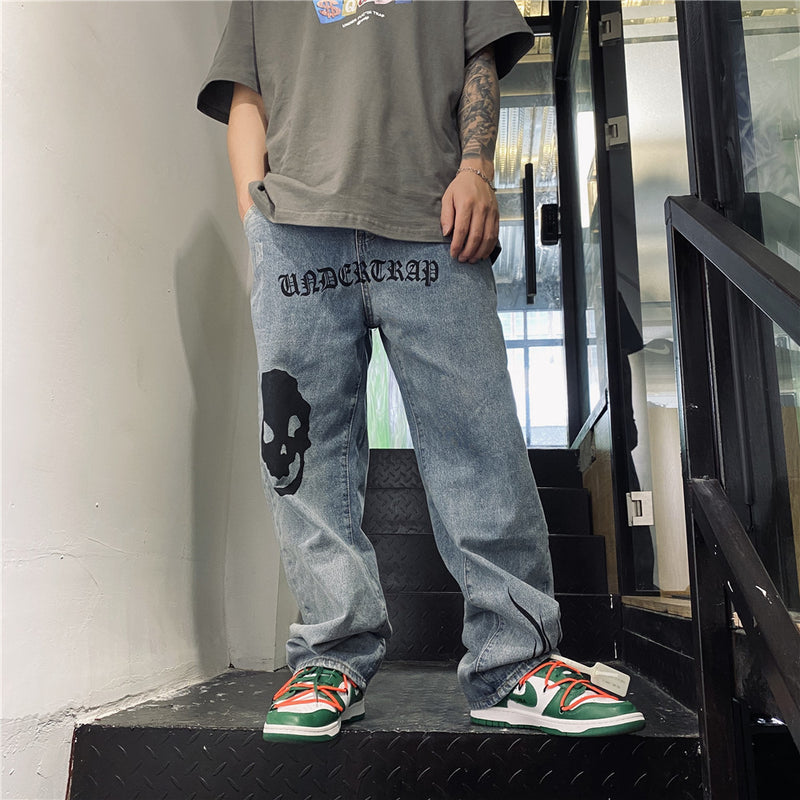Skull Printed Jeans Men's Large Size Retro Sports Trousers Baggy Straight Trousers Casual Trousers Men Denim Pants