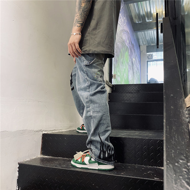 Skull Printed Jeans Men's Large Size Retro Sports Trousers Baggy Straight Trousers Casual Trousers Men Denim Pants