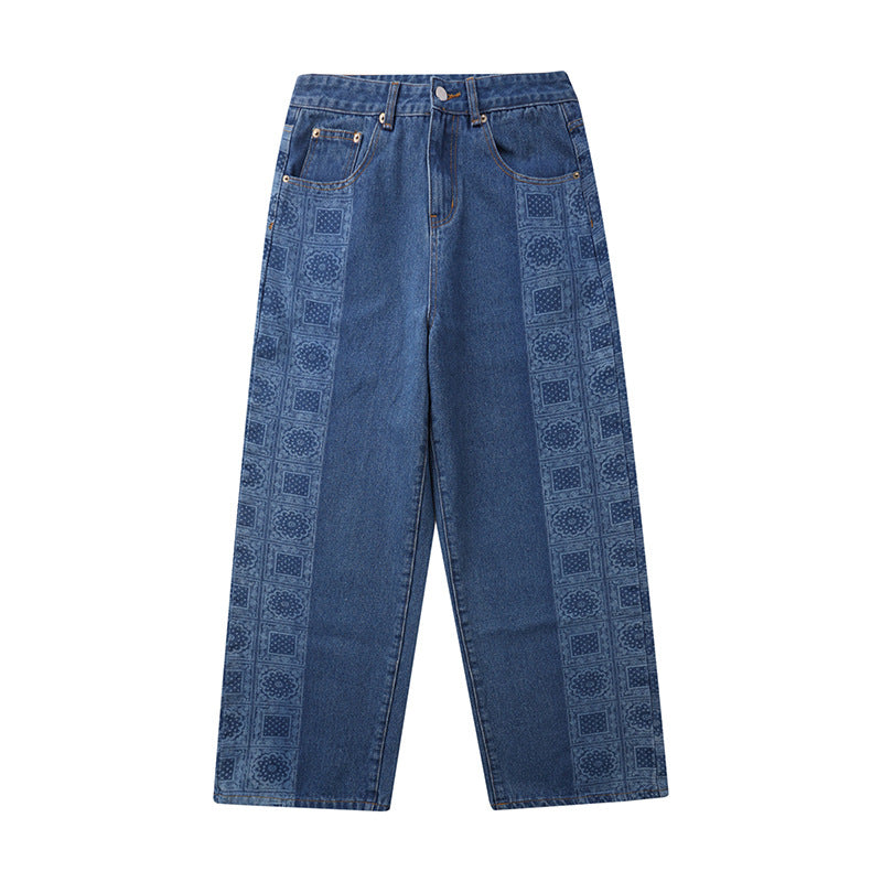 Printed Jeans Men's Large Size Retro Sports Trousers Straight Loose Men's Clothing Men Denim Pants