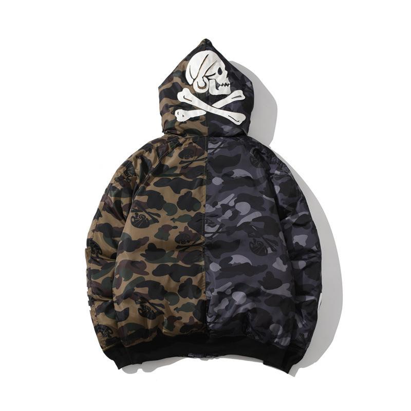 A Ape Print Hoodie Shark Head Skull Camouflage Zipper Hooded Men and Women Couple Cotton-Padded Clothes